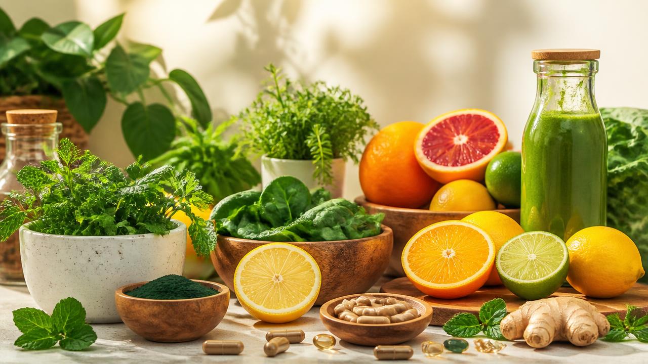 Ingrediente naturale pentru sănătate: fructe proaspete, verdețuri și smoothie-uri verzi